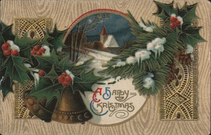A Happy Christmas with Holly, Pine, and Winter Church Scene