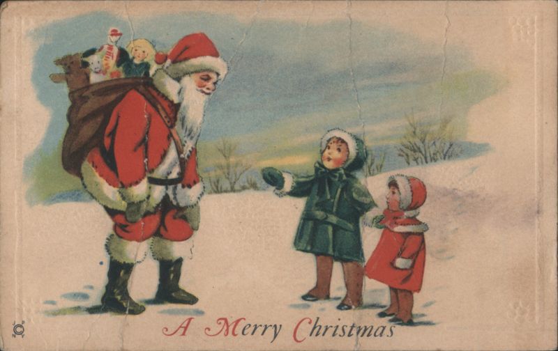 Santa Claus with Sack of Toys and Two Children in Snow
