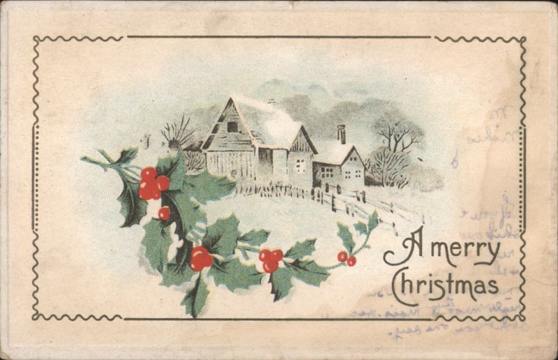 A Merry Christmas Snowy House and Holly Branch
