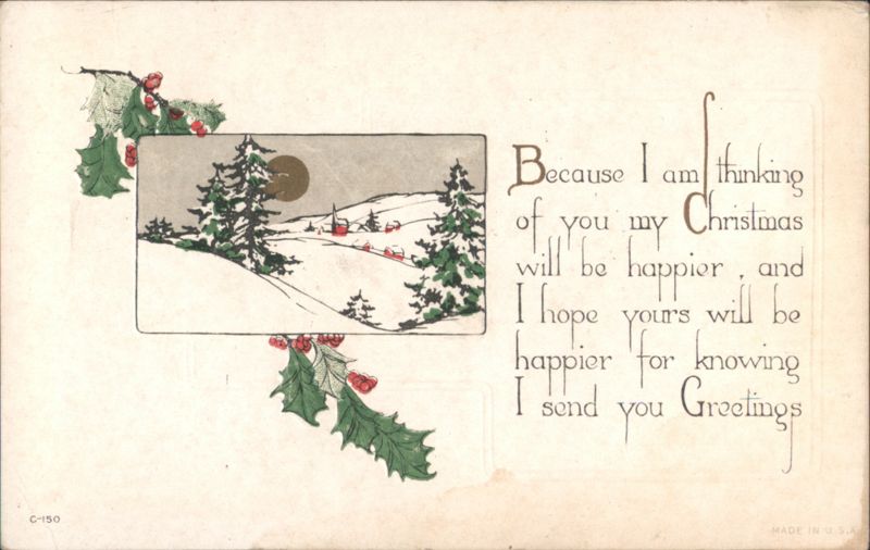 Christmas Greetings Winter Landscape with Village and Moon