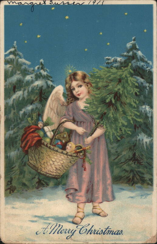 Angel Carrying Christmas Tree and Basket of Toys Angels