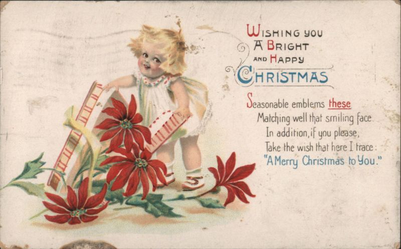 Child with Poinsettias and Gift Box Christmas Greeting