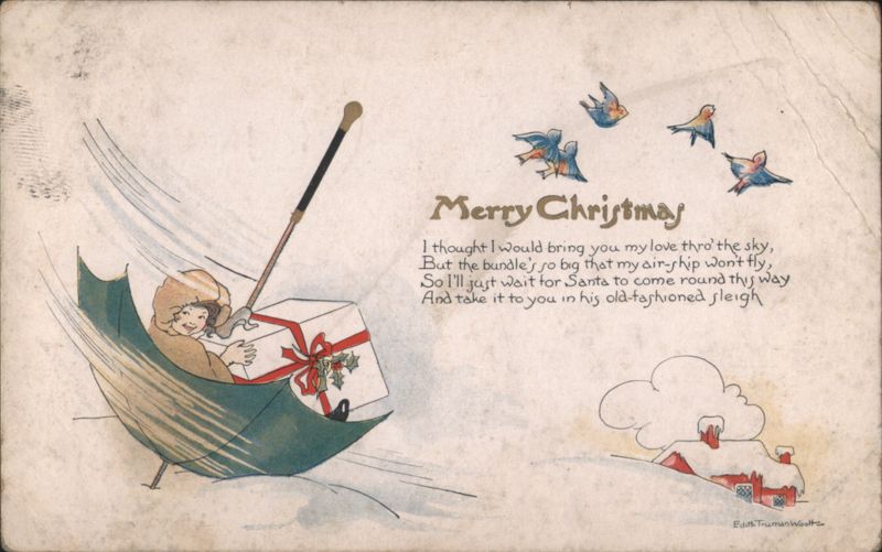 Child in Umbrella with Large Christmas Gift and Bluebirds