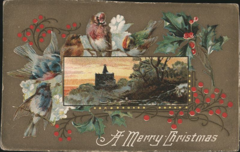 A Merry Christmas with Birds, Holly, and Landscape Inset