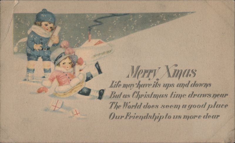 Merry Xmas Children Playing in Snow with Friendship Poem