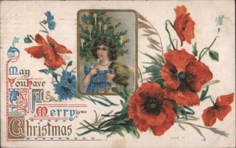 Merry Christmas Children by Tree with Red Poppies