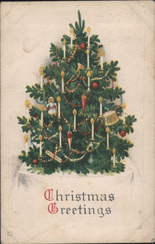 Christmas Tree with Lit Candles, Toys and Ornaments