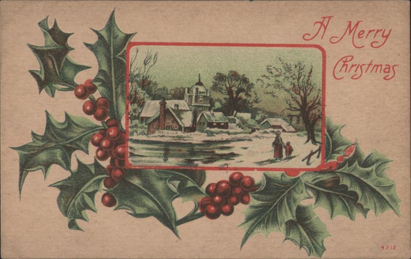 A Merry Christmas Holly and Snowy Village Scene