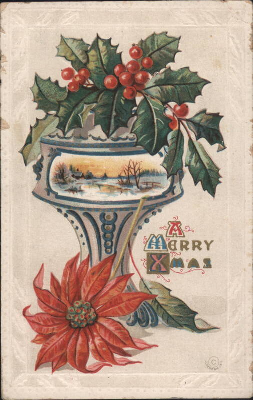 Urn with Holly, Poinsettia and Winter Landscape Scene