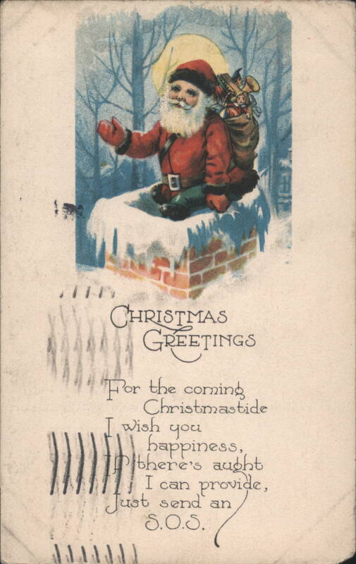 Santa Claus on Snow-Covered Chimney with Sack of Toys