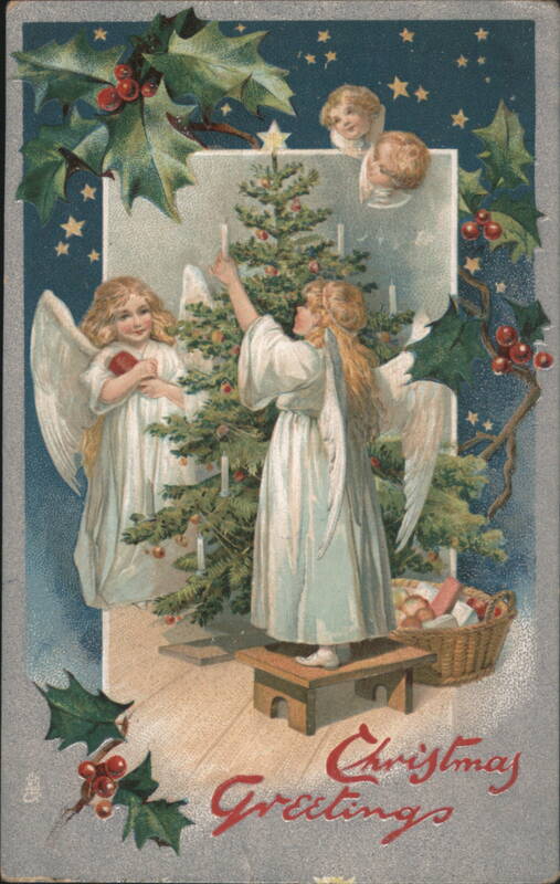 Angels Decorating Christmas Tree with Candles