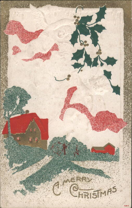Embossed Christmas Scene with Angel, Holly and House