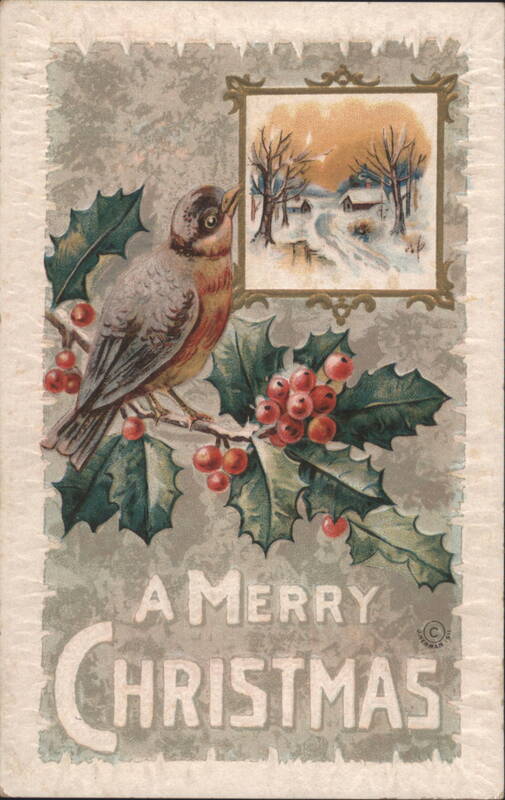 Merry Christmas Bird on Holly Branch with Winter Scene