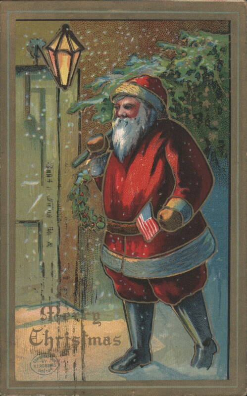 Santa Claus with Christmas Tree, Wreath and American Flag