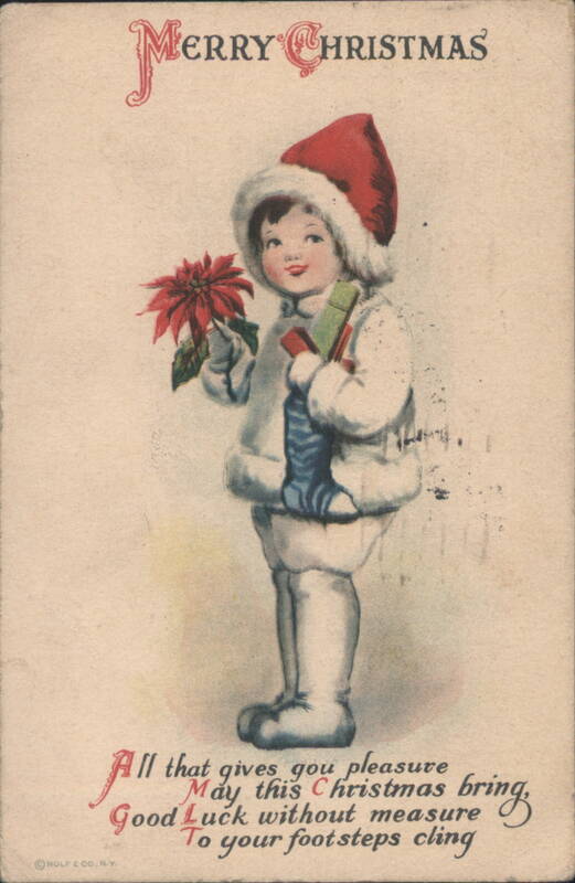 Child with Poinsettia and Gift-Filled Christmas Stocking