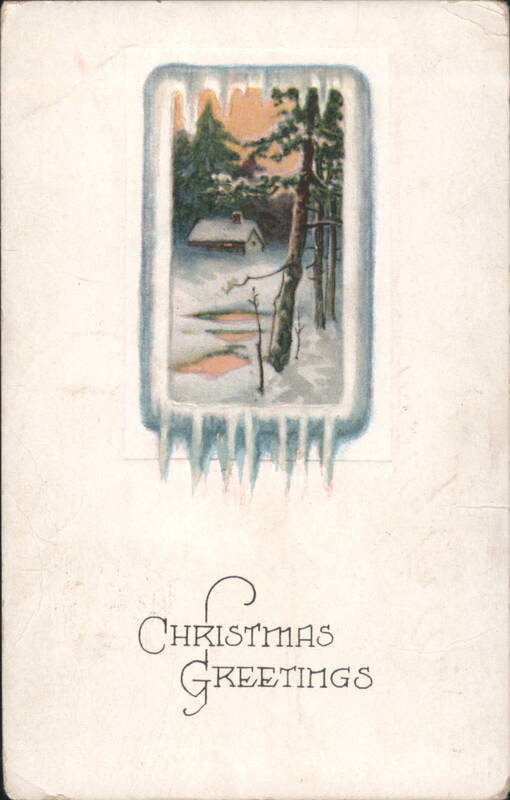 Christmas Greetings with Snowy Cabin in Icicle Frame