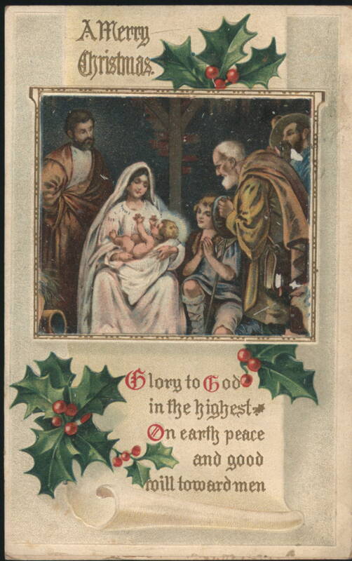 Nativity Scene with Shepherds and Holly Christmas Greeting
