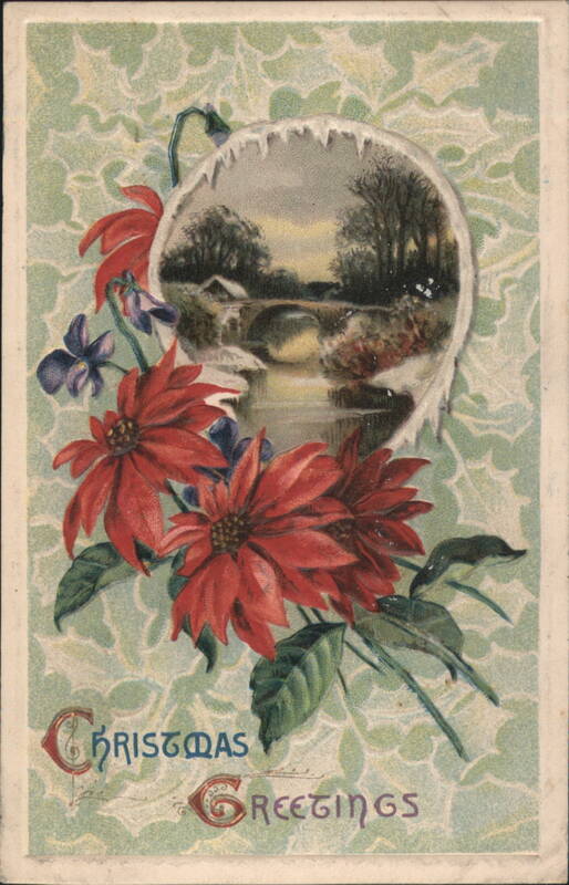 Christmas Greetings Poinsettias and Winter Bridge Scene