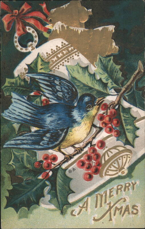 Bluebird on Holly Branch and Decorative Christmas Bell