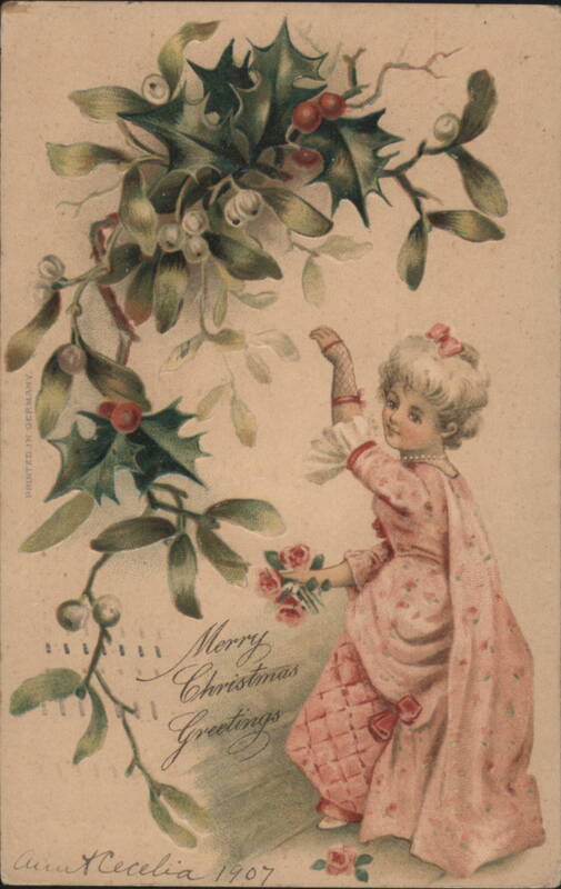 Girl in Pink Dress with Mistletoe and Holly Children