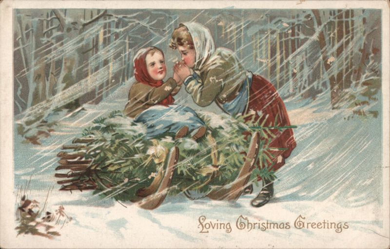 Loving Christmas Greetings, Children with Sled of Evergreens