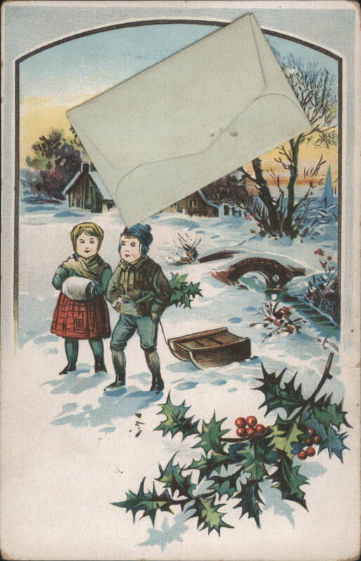 Children with Sled and Holly in Winter Landscape