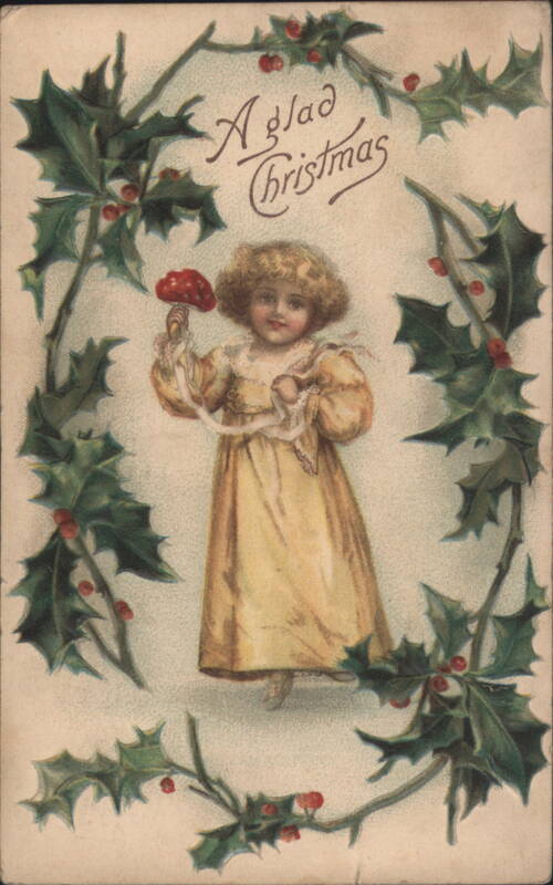A Glad Christmas Girl in Yellow Dress with Red Mushroom