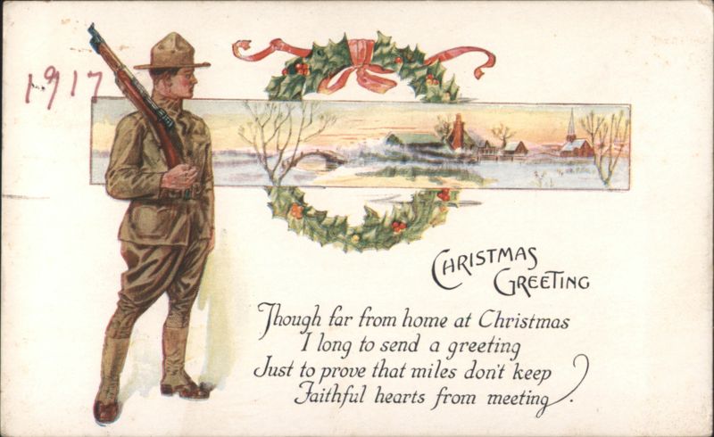 WWI Soldier Christmas Greeting with Winter Scene World War I