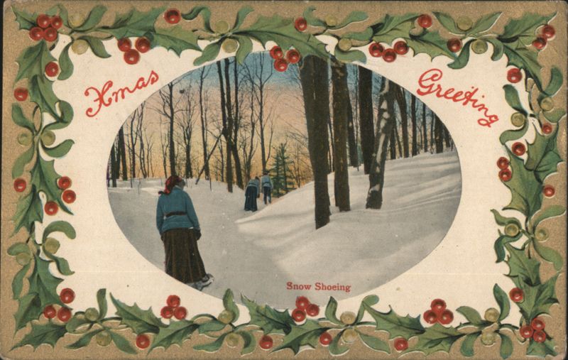 Xmas Greeting Snow Shoeing in Winter Forest Christmas