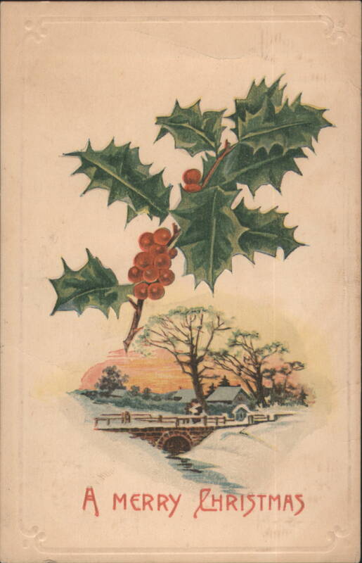 A Merry Christmas Holly Branch and Winter Bridge Scene