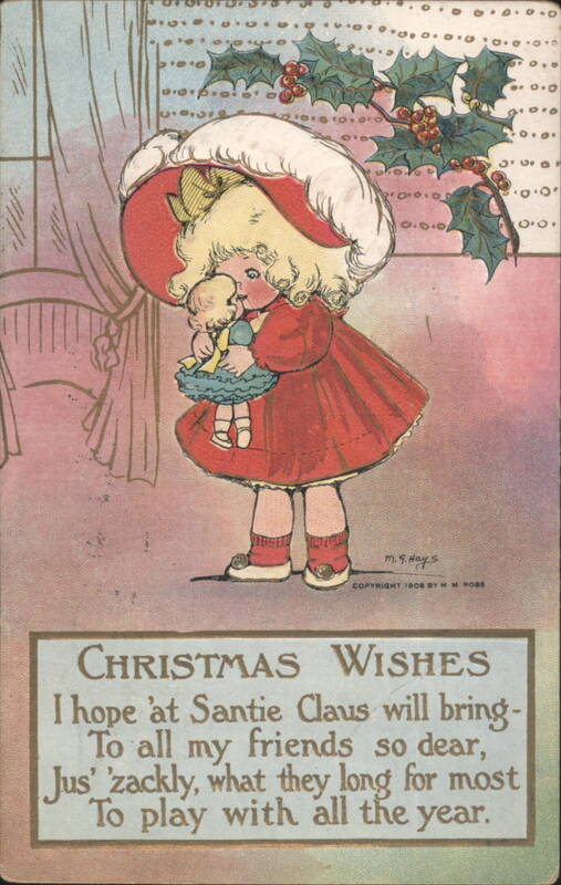 Girl in Red Hat Holding Doll Christmas Wishes by M. G. Hays