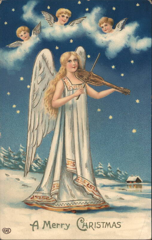 Angel Playing Violin with Cherubs Christmas Greeting