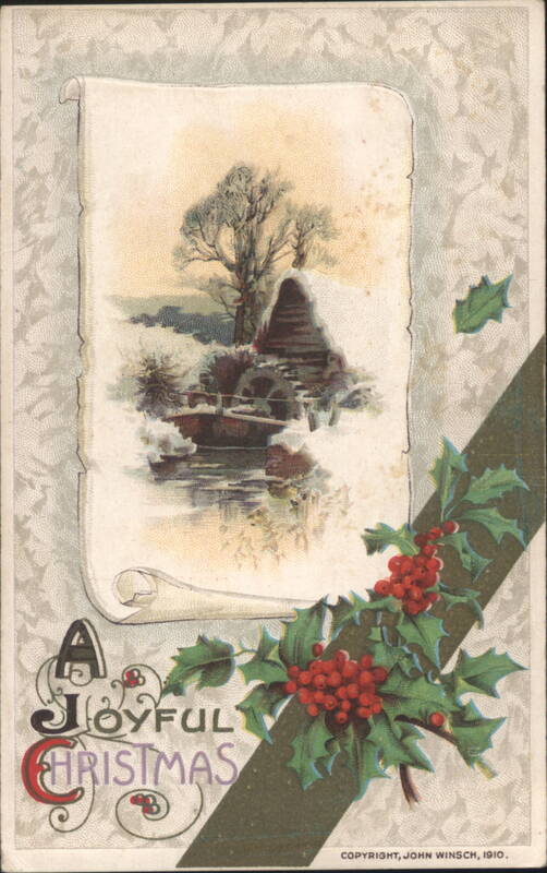 A Joyful Christmas Winter Watermill Scene with Holly