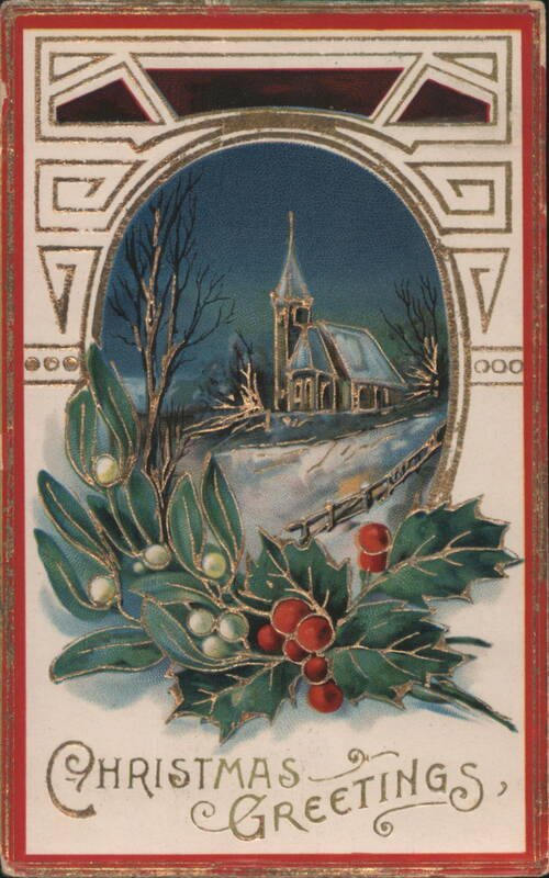Christmas Greetings with Winter Church Scene & Holly