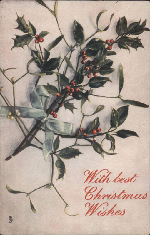 Holly and Mistletoe with Blue Ribbon Christmas Wishes