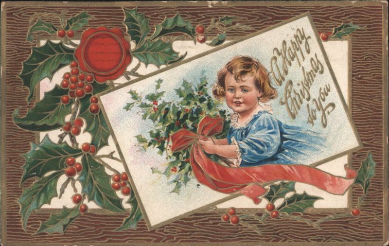 Child with Holly and Red Ribbon Christmas Greeting