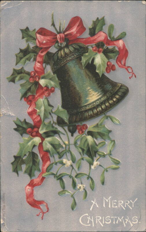 Christmas Bell with Holly, Mistletoe, and Red Ribbon
