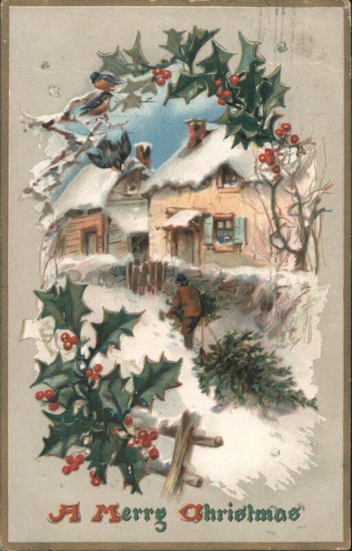 A Merry Christmas Winter Scene with Holly and Birds