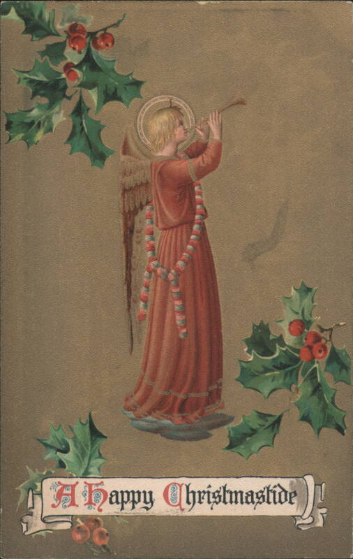 Angel Playing Trumpet with Holly, A Happy Christmastide