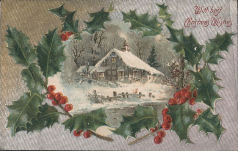 With Best Christmas Wishes Snowy Cottage and Holly