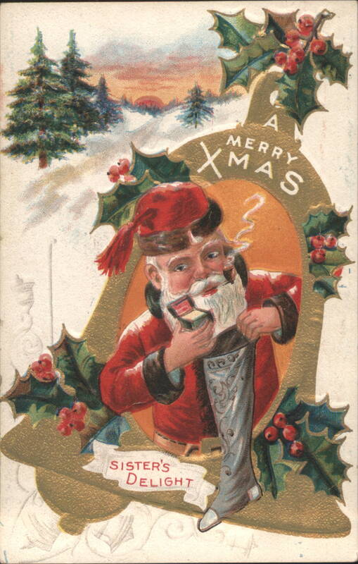 Santa Claus with Pipe and Gift Box in Golden Bell