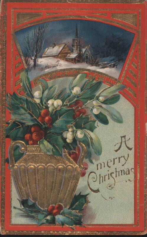 A Merry Christmas with Holly, Mistletoe and Church Scene