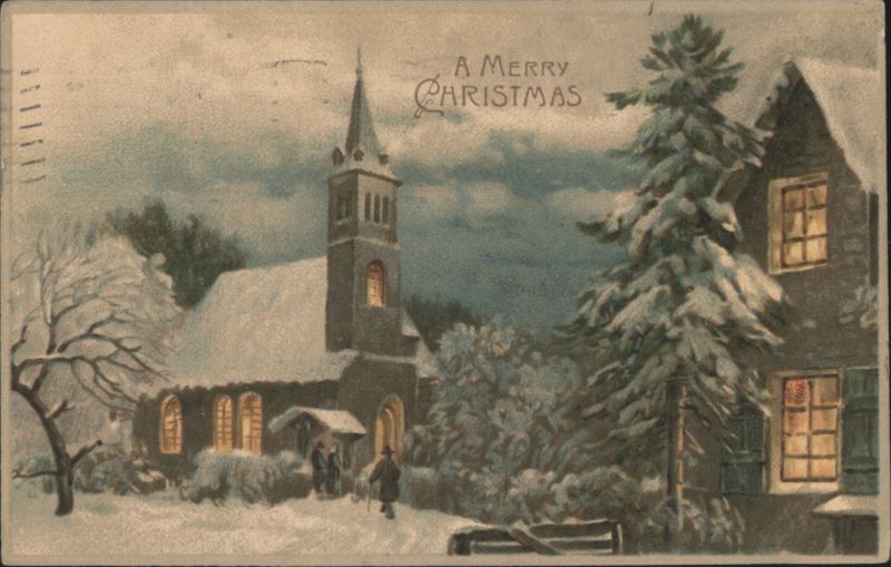 Snowy Church and House Scene - A Merry Christmas