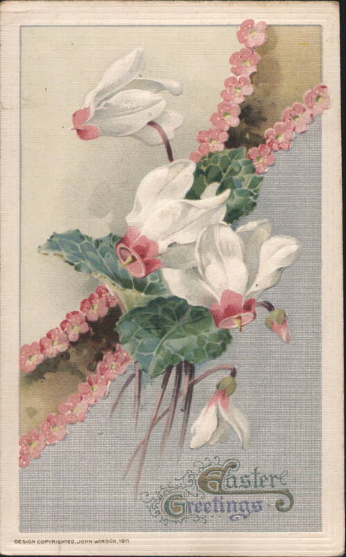 Easter Greetings White Cyclamen and Pink Flowers