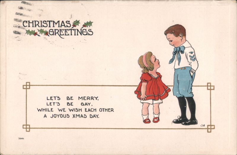 Christmas Greetings, Boy and Girl in Red and Blue Bernhardt Wall