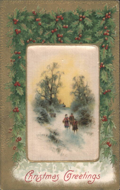Christmas Greetings Snowy Winter Scene with Holly Border
