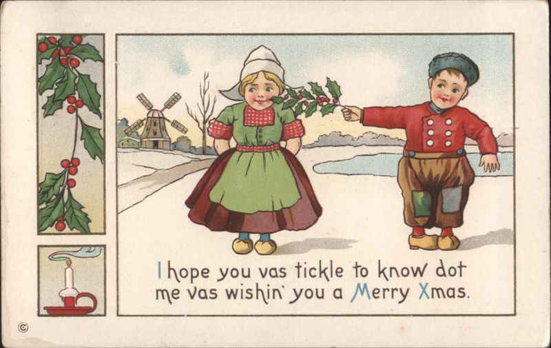 Dutch Children with Holly Sprig Merry Xmas Greeting
