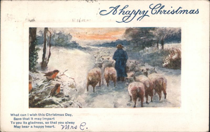 Shepherd and Sheep in Snow Christmas Greeting