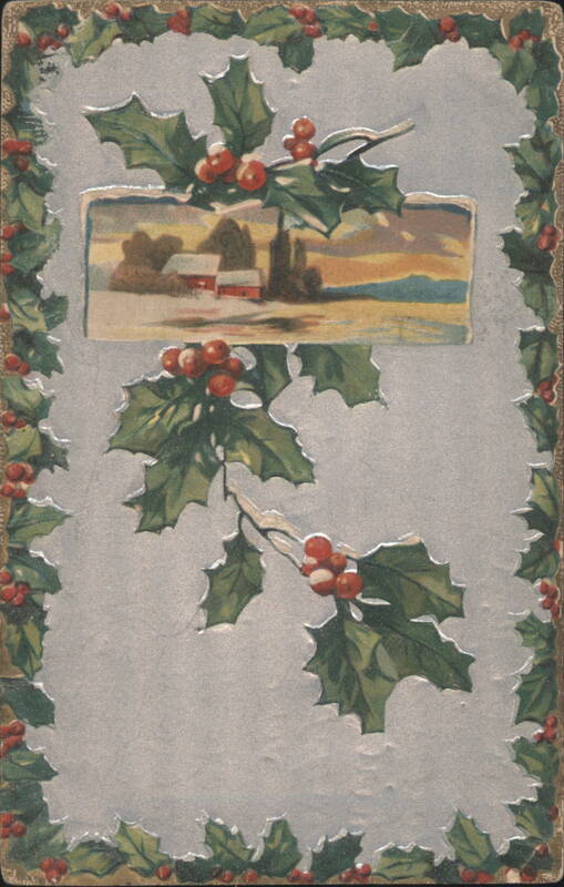 Embossed Holly and Berries with Winter Barn Scene Inset
