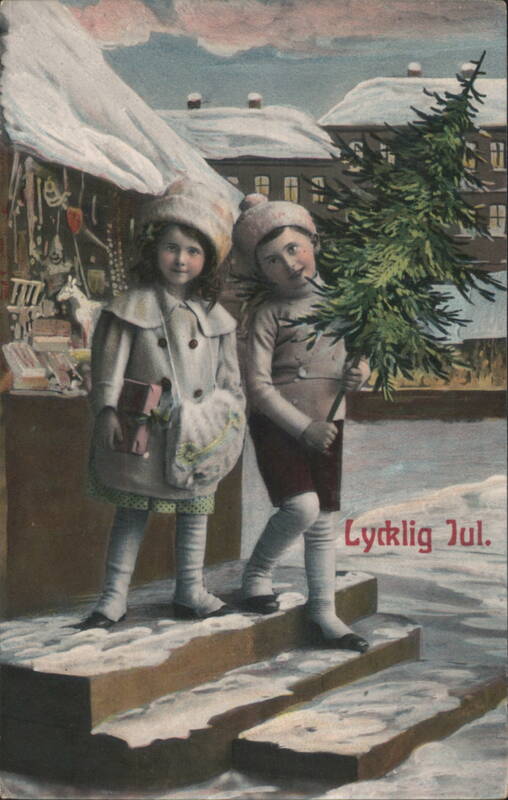Children with Christmas Tree and Gift 'Lycklig Jul'